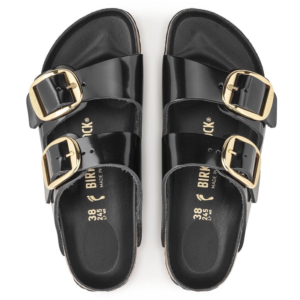 Birkenstock Arizona Big Buckle Sandals Natural Leather Patent High Shine Black - Picture 4 of 13